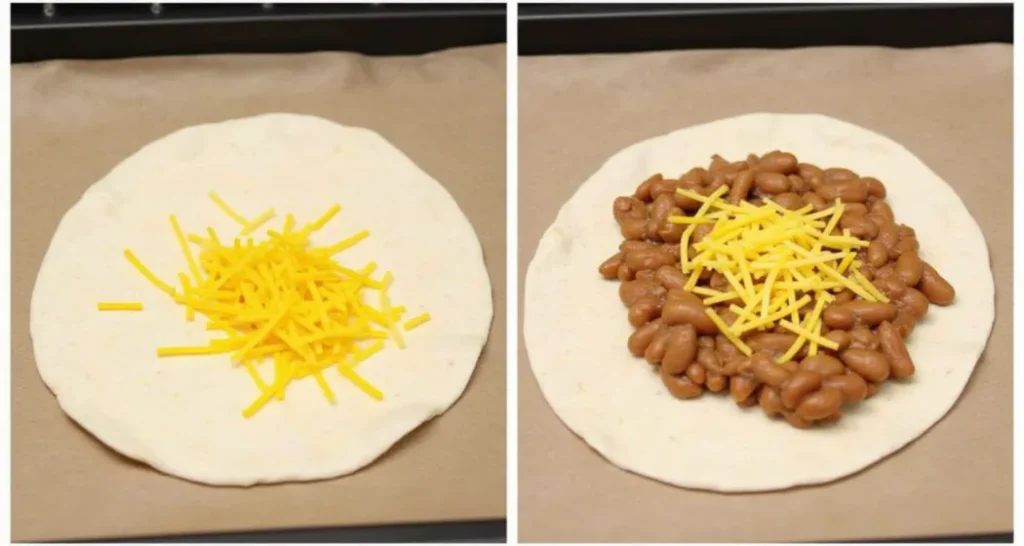 Spreading refried beans and cheese on a tortilla for campfire quesadillas.