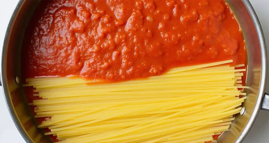 Marinara sauce and spaghetti layered .