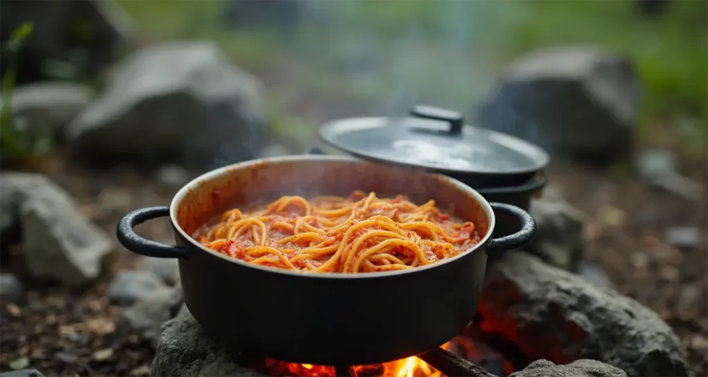 Pot covered and simmering with spaghetti and sauce over a camp stove.