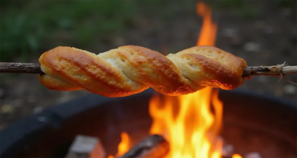 Stick bread twisted on a stick roasting over a campfire.