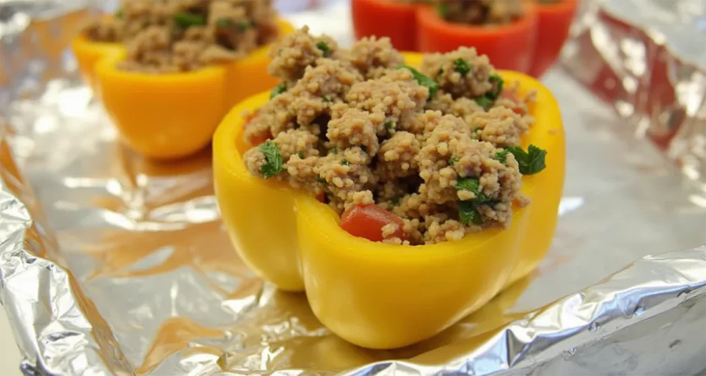 A close-up of a stuffed pepper ready to be wrapped in foil.