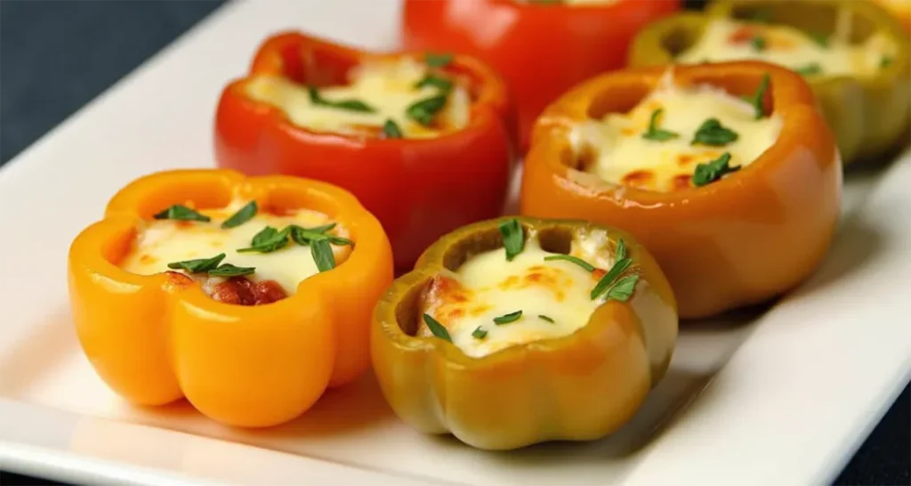 Stuffed mini bell peppers with cream cheese filling and melted cheese, perfect for camping.