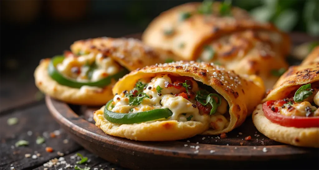 Stuffed pita bread with cheese and vegetables ready to cook on embers.