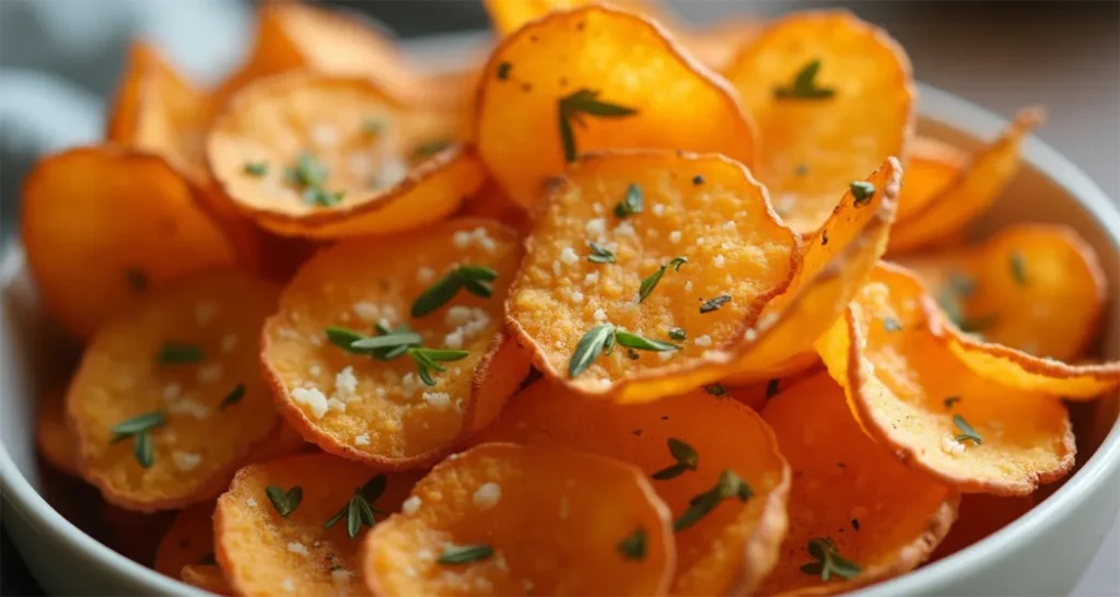 Crispy sweet potato chips seasoned with rosemary and paprika, served in a rustic bowl.