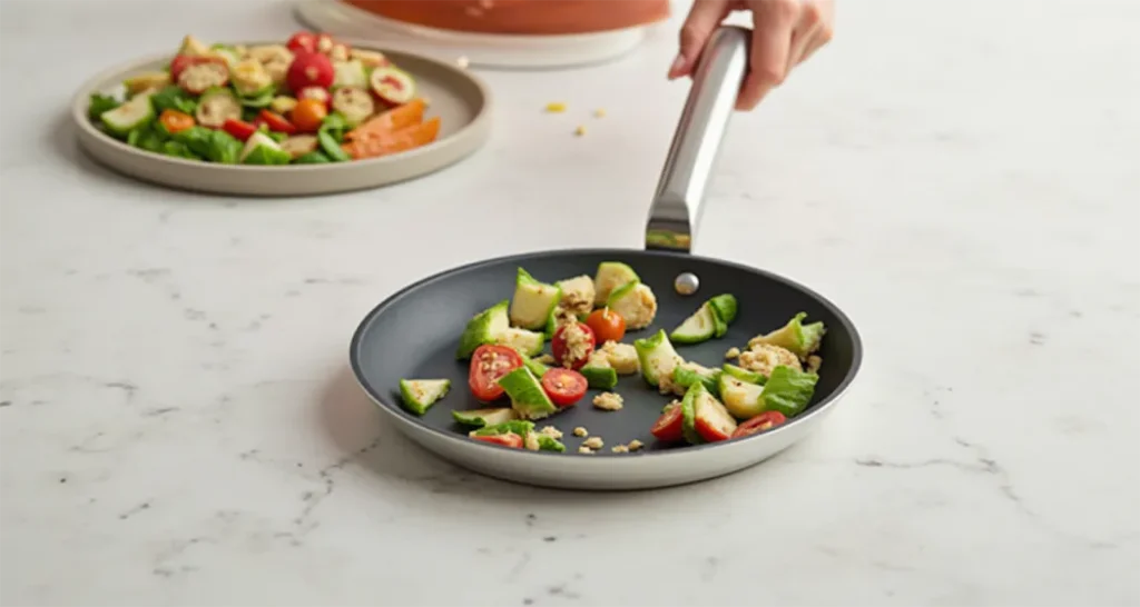 Tefal Ingenio Fry Pan with detachable handle and ingredients ready for cooking.