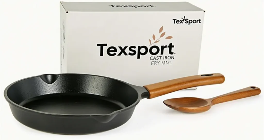 Texsport Cast Iron Fry Pan placed on a rock by a campfire, a durable and affordable option.