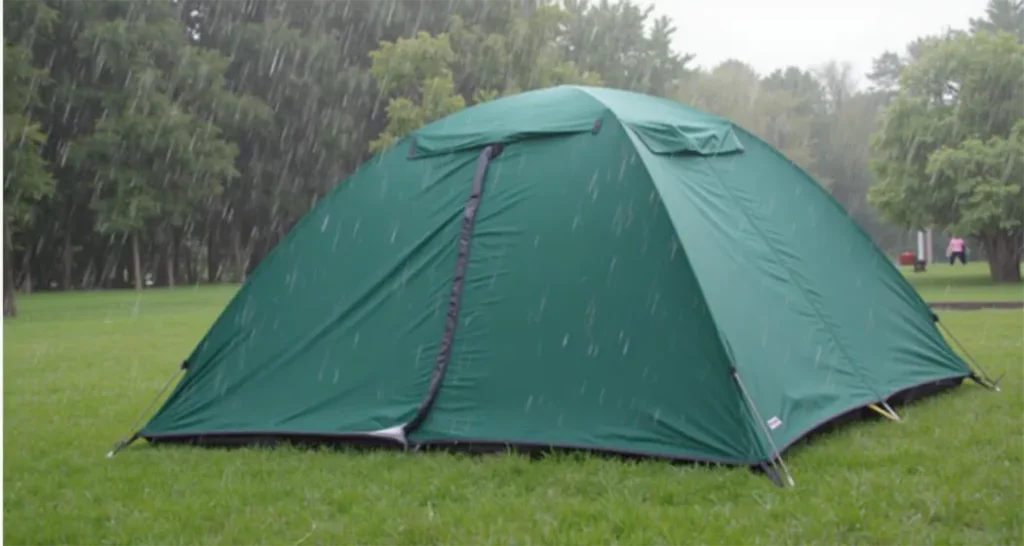 Large camping tent withstanding heavy rain, showcasing its waterproof and durable design.