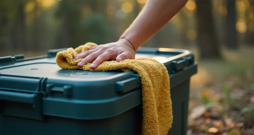 Cleaning a camping storage box with a damp cloth after a trip