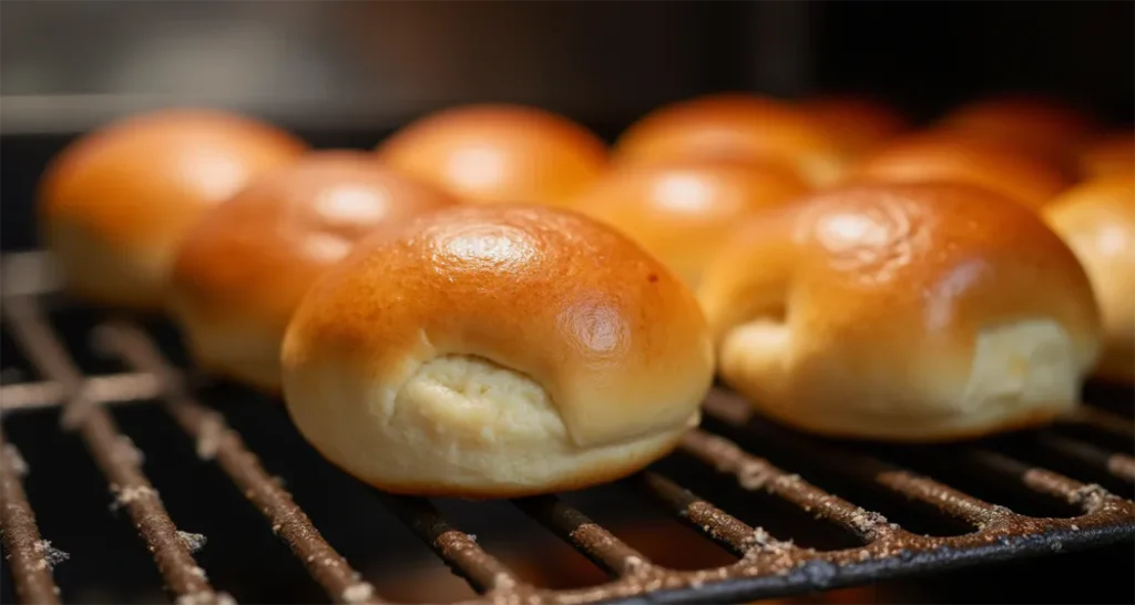 Mini sandwich buns toasting on a grill over the campfire