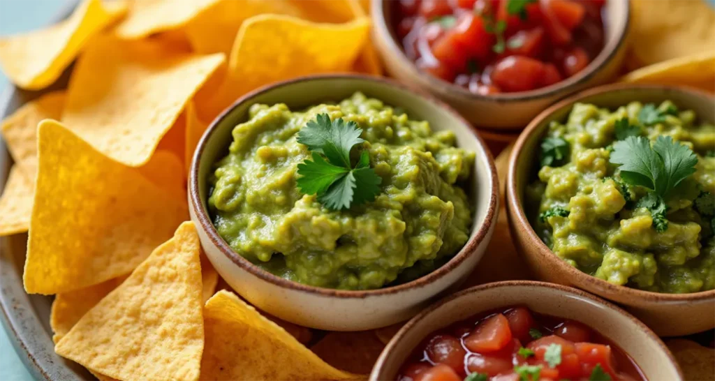 Crispy tortilla chips served with fresh guacamole and tomato salsa, ideal for sharing at the campsite.