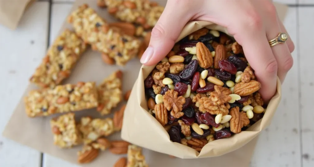 Car Camping Meals : Homemade trail mix with nuts, dried fruit, and chocolate chips in a resealable bag.