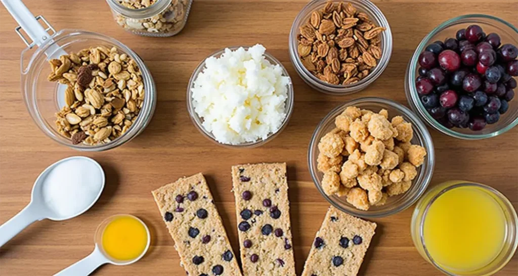 Non Refrigerated Meals: Trail mix ingredients like dried fruits, nuts, and fruit bars displayed on a wooden surface.