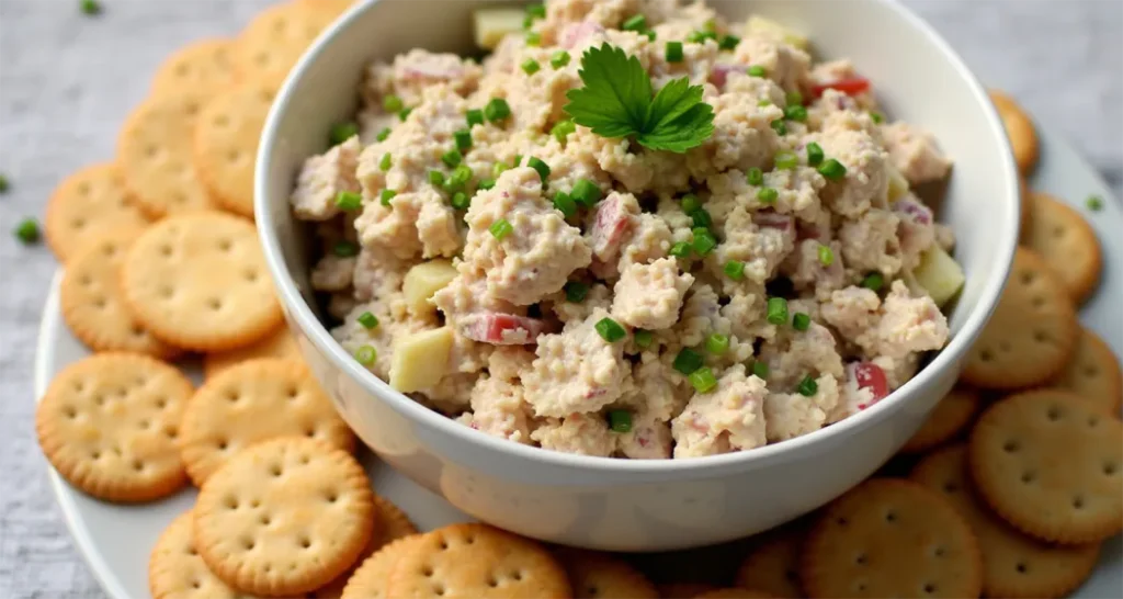 Non Refrigerated Meals: Tuna salad bowl surrounded by whole-grain crackers.