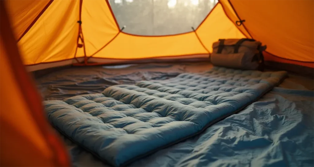 Insulated sleeping pad setup inside a tent for cold-weather camping.