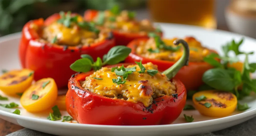 Grilled vegetarian meal with stuffed peppers and halloumi.