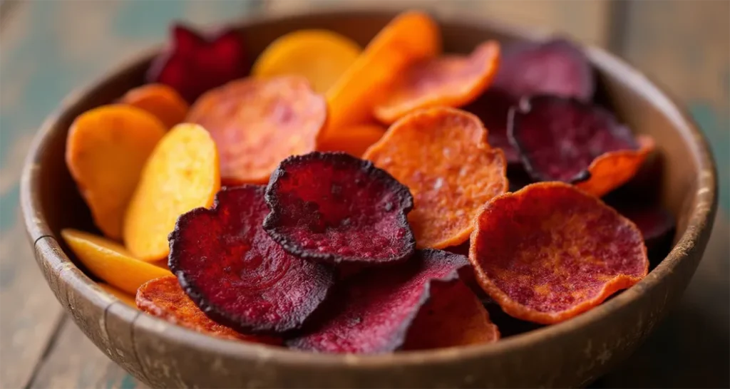 Camping Snacks : Homemade veggie chips made from sweet potatoes, beets, and carrots.