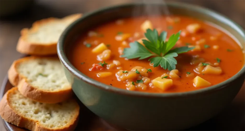 Warm canned soup paired with crusty bread on a wooden table.