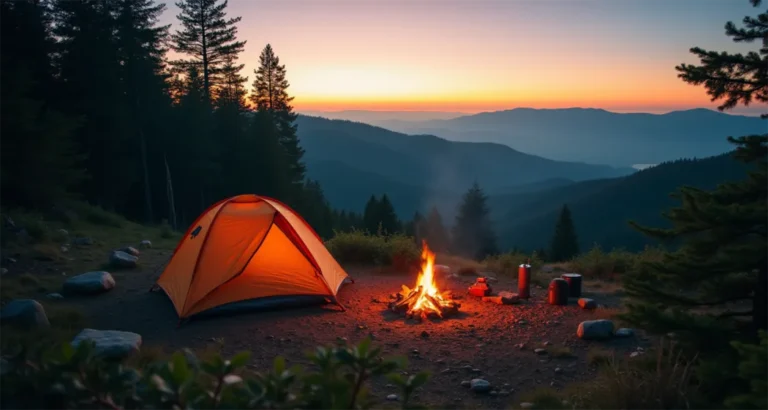 Morning view of a campsite with a tent, campfire, and lush green forest.