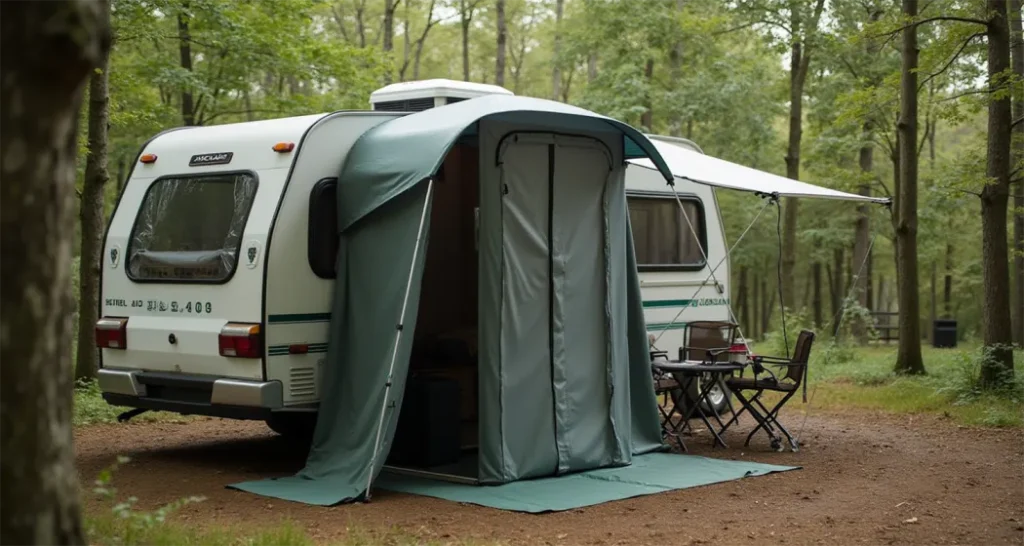 Camper using a portable shower tent in a forest setting for privacy.