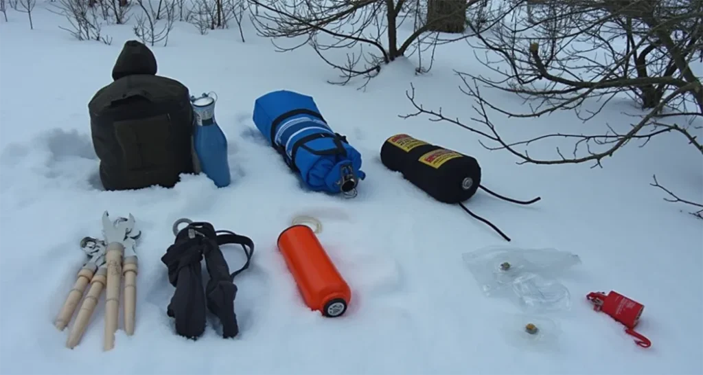 Winter camping gear checklist including snow stakes and insulated water bottles.