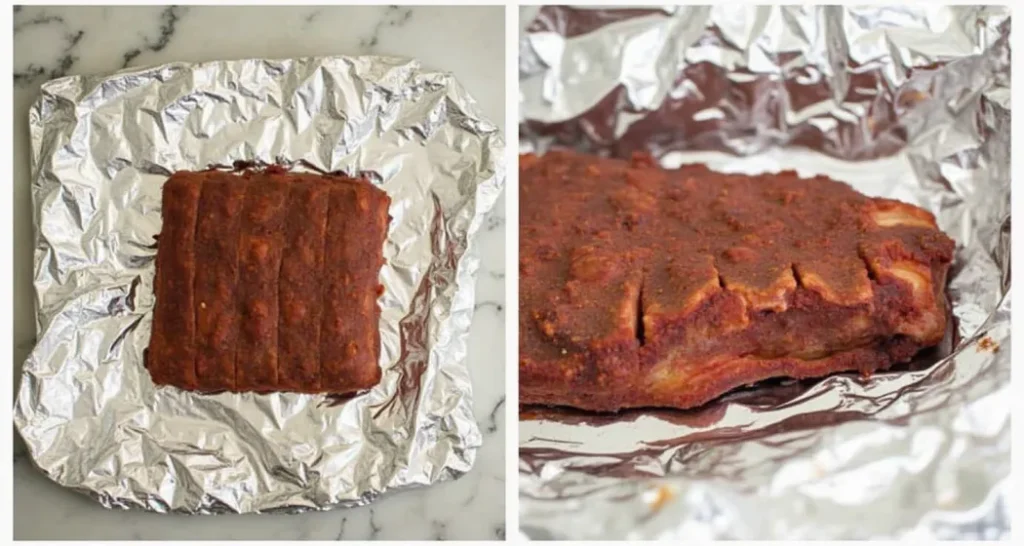 wrapping ribs in heavy-duty aluminum foil for even cooking.