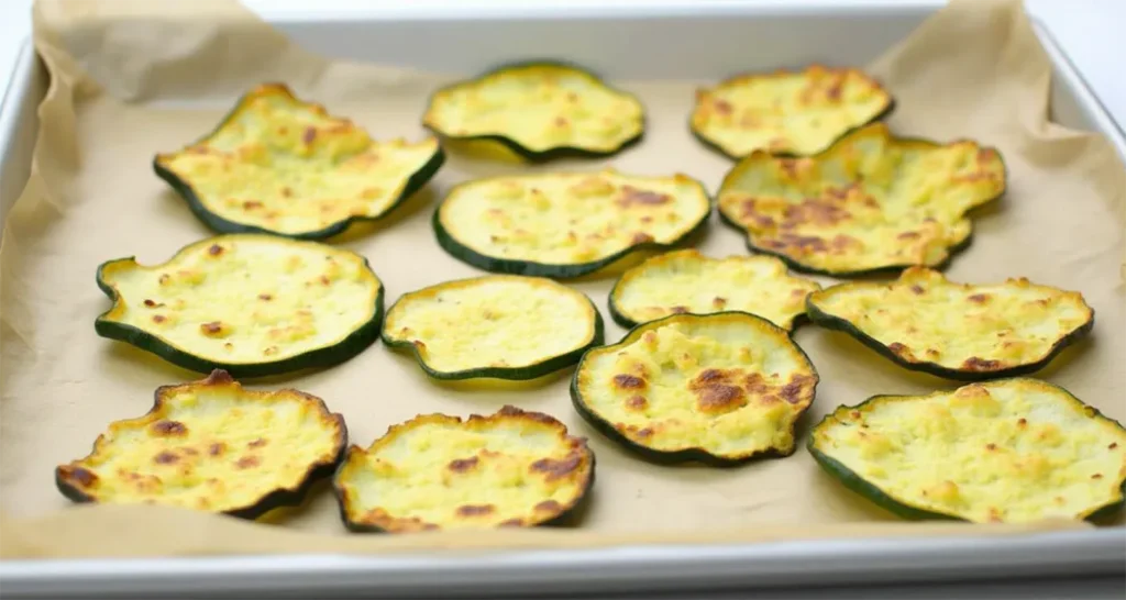 Camping Snacks : Crispy baked zucchini chips seasoned with garlic powder and Parmesan cheese.