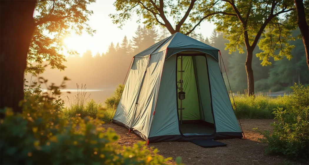 Shower tent setup at a beautiful campsite, perfect for maintaining hygiene while camping.