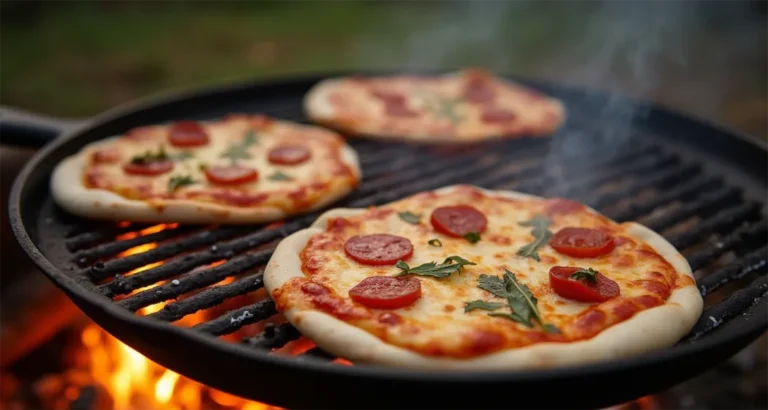 Campfire pizzas cooking on a grill under a starry sky, perfect for camping trips