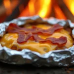 Cheesy Potato and Bacon Foil Pack cooked over a campfire, topped with melted cheddar and crispy bacon