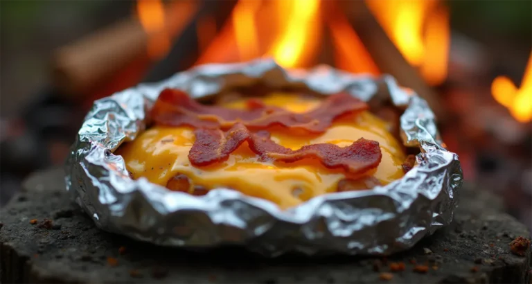 Cheesy Potato and Bacon Foil Pack cooked over a campfire, topped with melted cheddar and crispy bacon