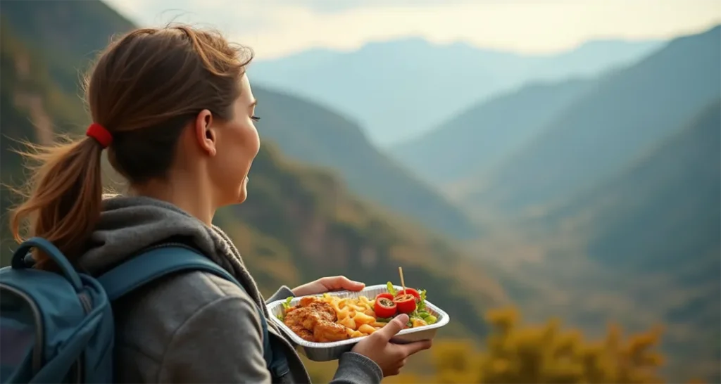 Traveler enjoying a non refrigerated meal with a scenic mountain view.