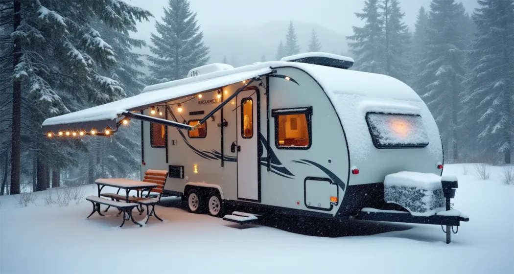 Camping trailer in a snowy landscape, ready for winter adventures.