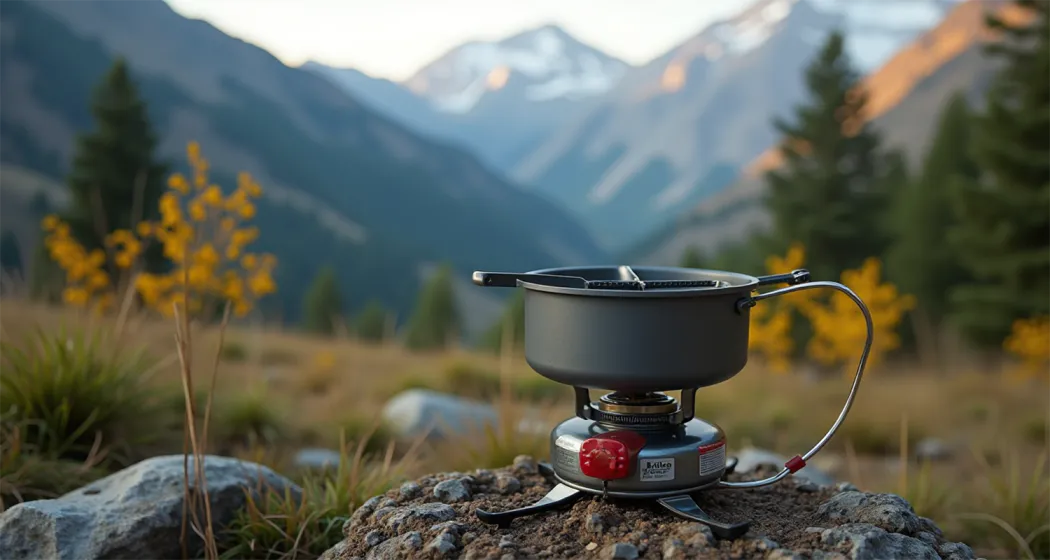 Compact Stoves for Backpackers : Compact stove boiling water in a scenic mountain landscape during a backpacking trip.