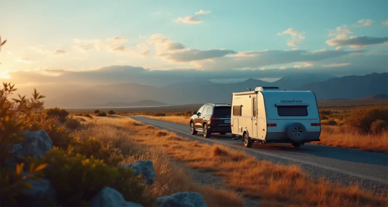 Vehicle towing a camping trailer on a scenic road, ideal for safe towing adventures.