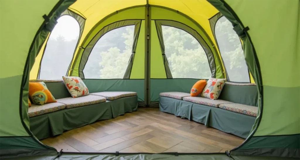 Family-friendly 3-room tent with mesh windows and room dividers for privacy.