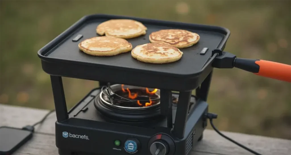 Biolite CampStove 2+ charging a phone while cooking pancakes on the griddle.