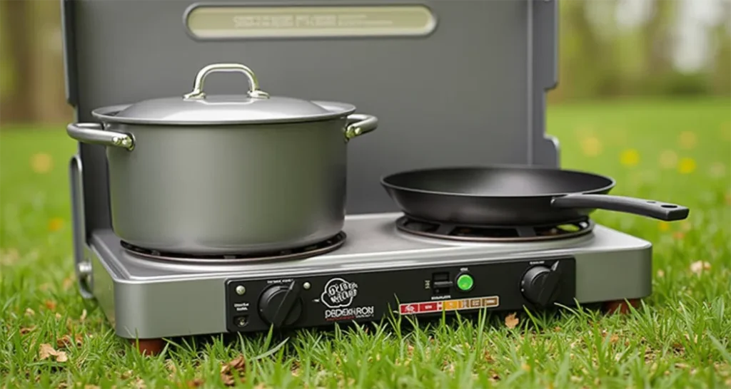 Camp Chef Explorer 2-Burner Stove with a large pot and skillet on a grassy campsite.