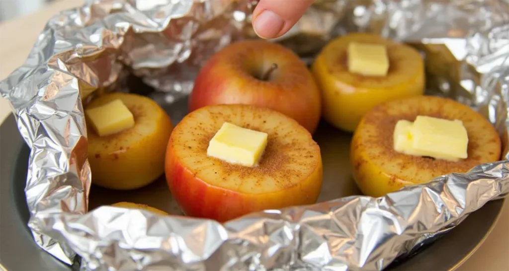 Warm campfire baked apples with cinnamon and butter served fresh from the foil.