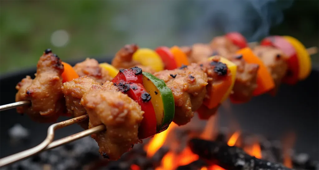 Campfire chicken kabobs with bell peppers and onions cooking on a fire pit.