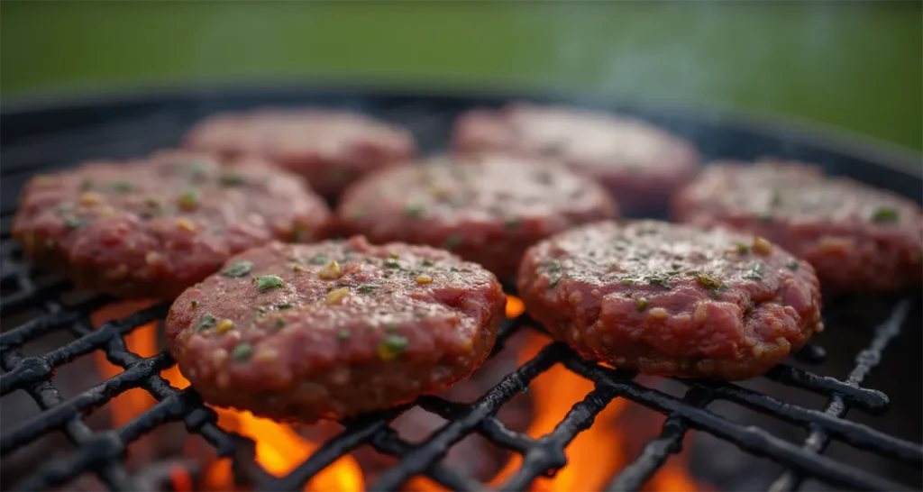 Juicy fire pit burgers cooking on a grill 
