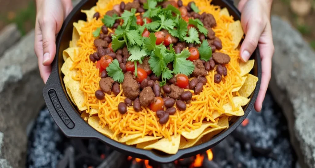 Campfire nachos with melted cheese and toppings in a skillet