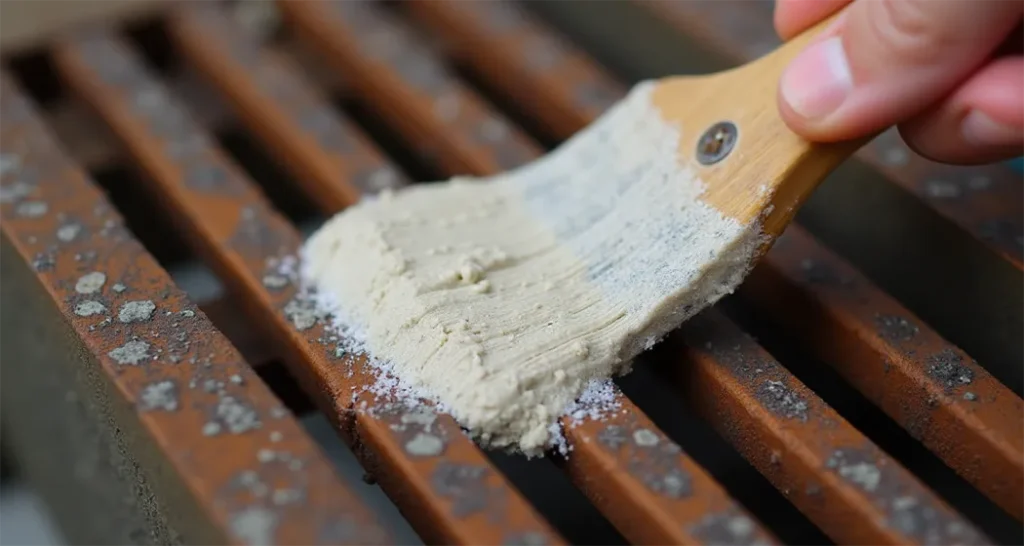 Applying a vinegar and baking soda paste to remove rust from a fire pit grate.