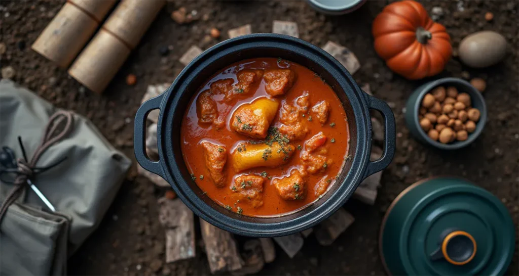 Dutch oven simmering a stew on a wood stove, surrounded by camping gear.