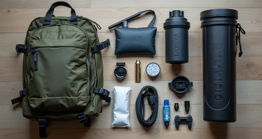 Survival kit with portable water filter and emergency supplies.