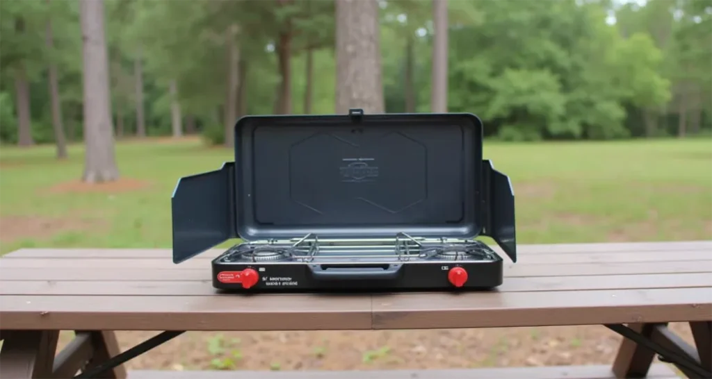 Eureka Ignite Plus 2-Burner Stove set on a picnic table at a campsite.