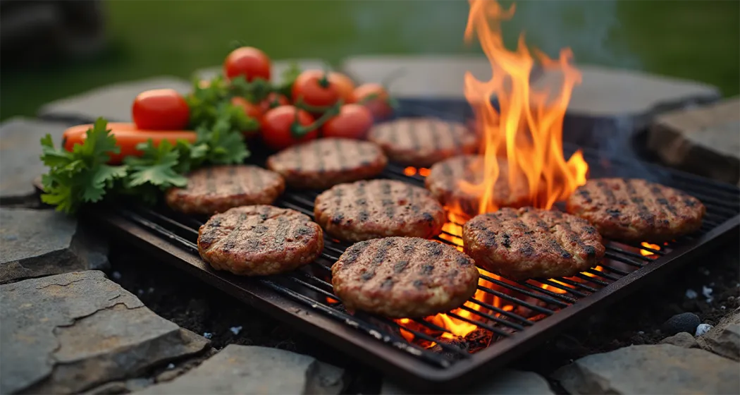 Creative fire pit cooking setup with grilled food and rustic outdoor ambiance