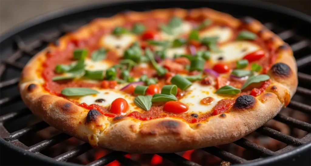  grilled pizza with melted mozzarella and fresh vegetables.
