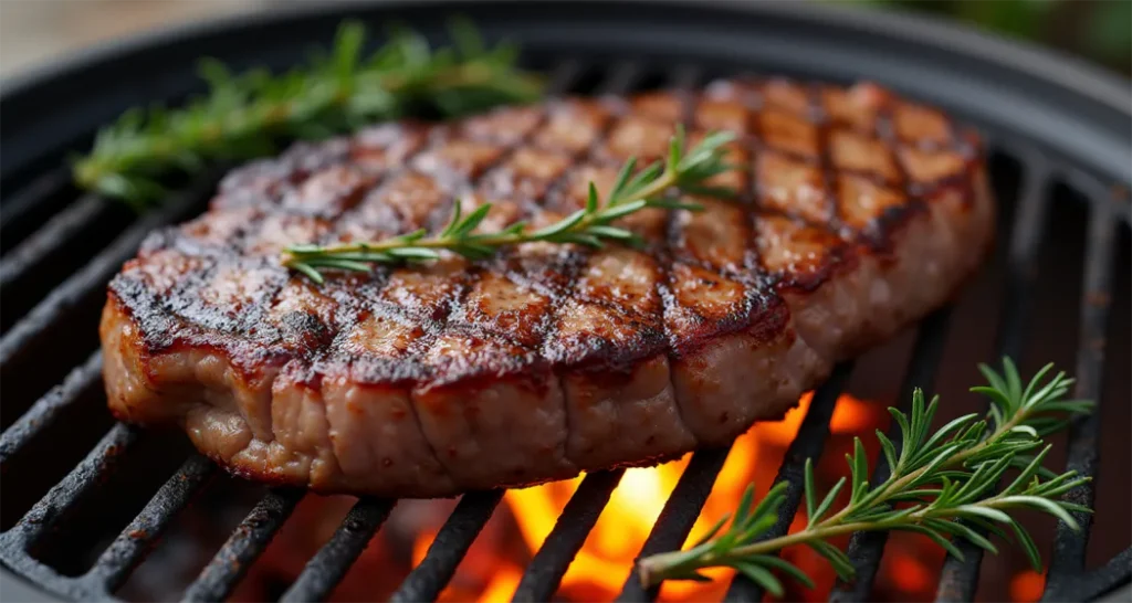 Fire pit grilled steak with rosemary on a sizzling grate.