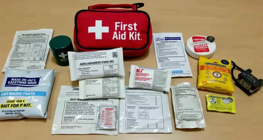 Essential items in a compact camping first aid kit.