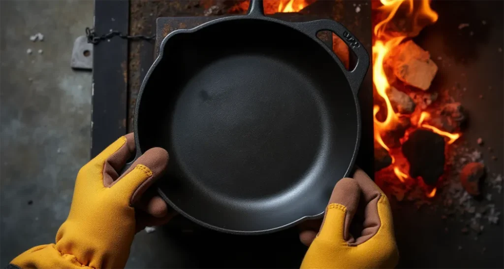 Heat-resistant gloves adjusting a cast iron skillet on a wood stove.